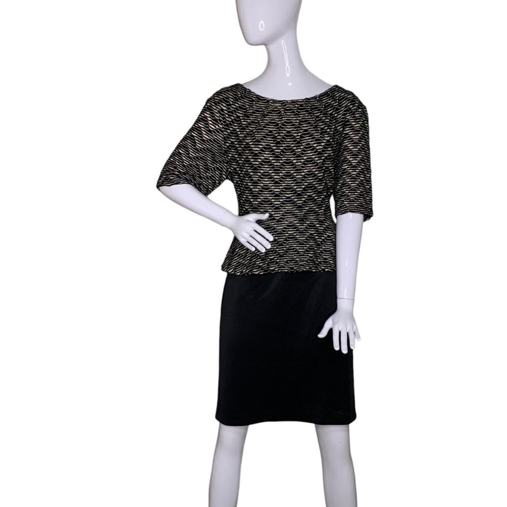 Connected Apparel Peplum Dress Short Sleeve Black Tan Chevron Pattern Size 16